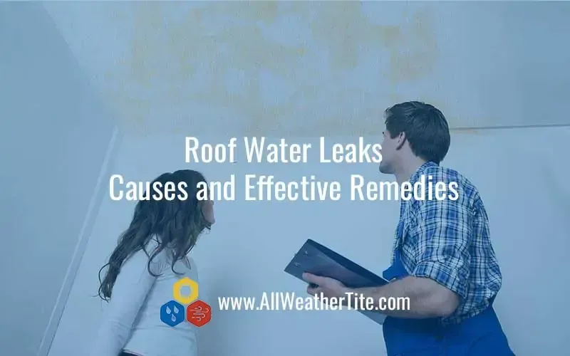 Woman and man examining water damage on a ceiling, discussing roof leak causes and remedies.