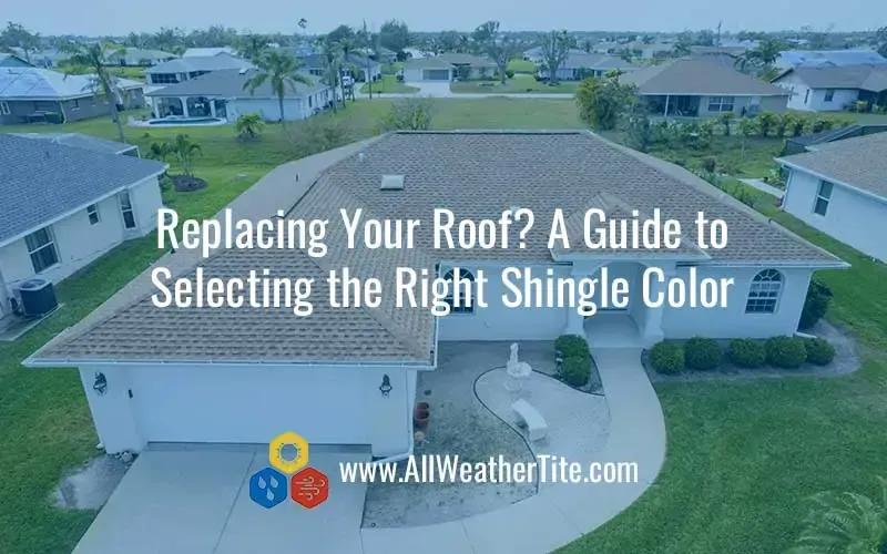 A house with a new brown roof, surrounded by other houses. Text: