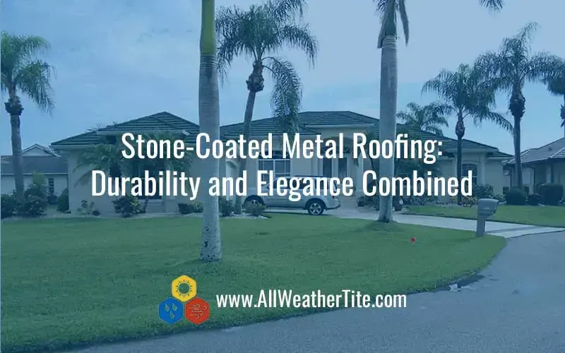 Stone-coated metal roofing on a house with a well-manicured lawn and palm trees; text: