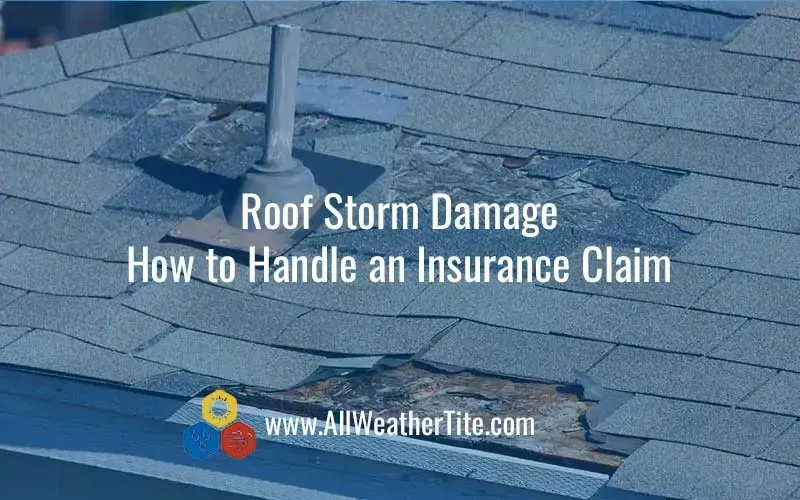 Damaged roof with missing shingles; text