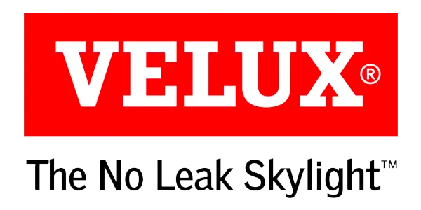 Velux logo: white text on a red rectangle, below it reads "The No Leak Skylight" in black text.