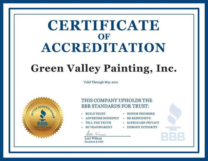 A certificate of accreditation for green valley painting inc.