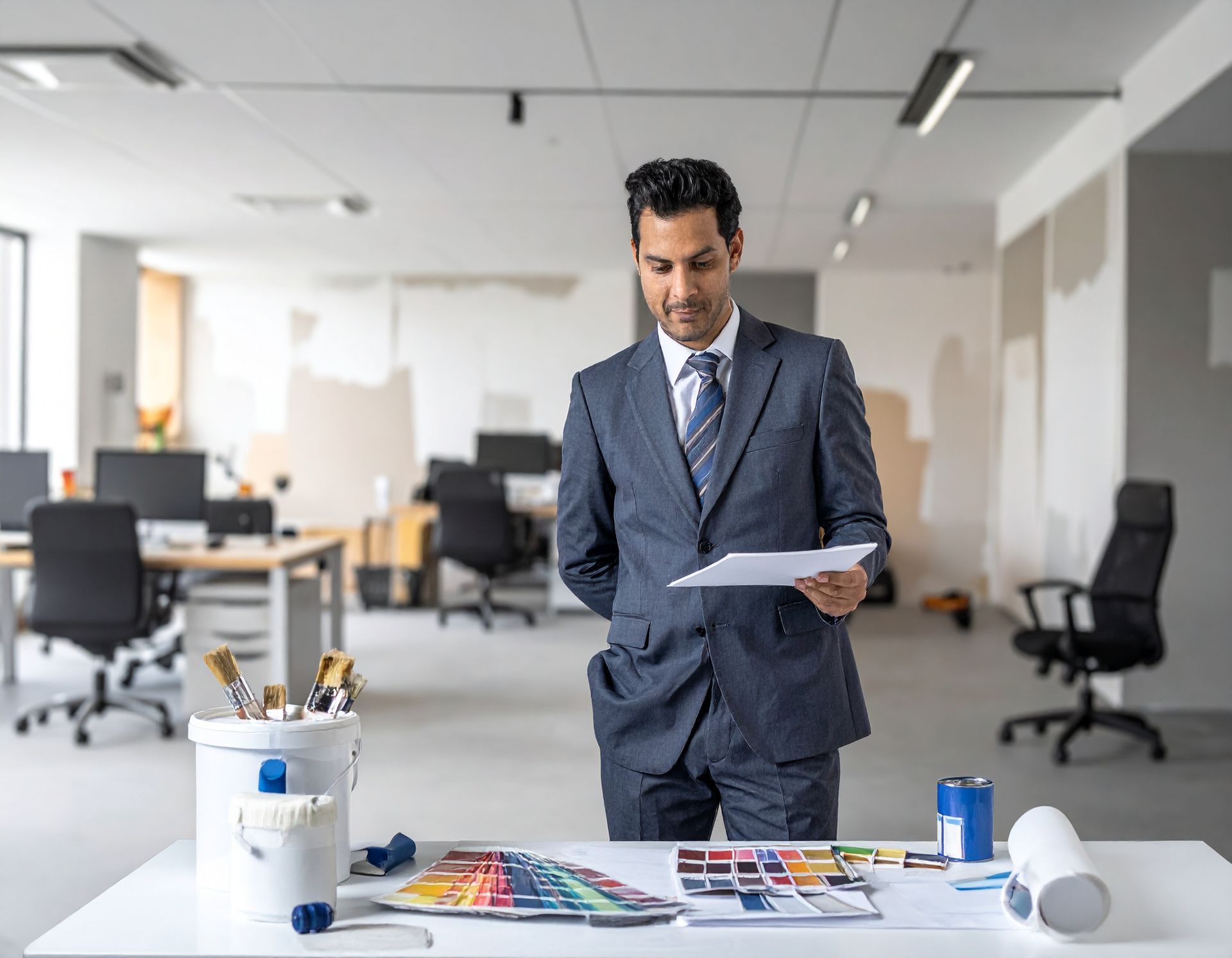 A professional in a suit reviews color swatches on a desk in an office under renovation.