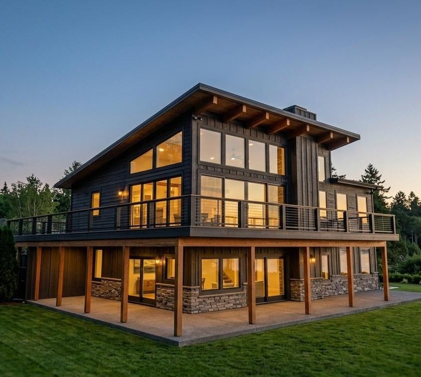 Modern home with a dark gray exterior, large windows, and a sloping roof, set in a wooded area.