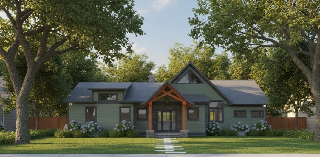 Modern home with a dark gray exterior, large windows, and a sloping roof, set in a wooded area.