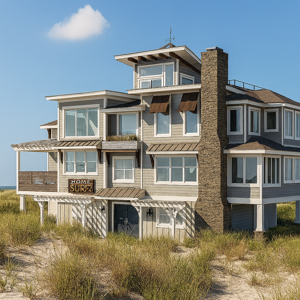 Multi-story gray house with stone chimney sits on a sandy dune under a blue sky.