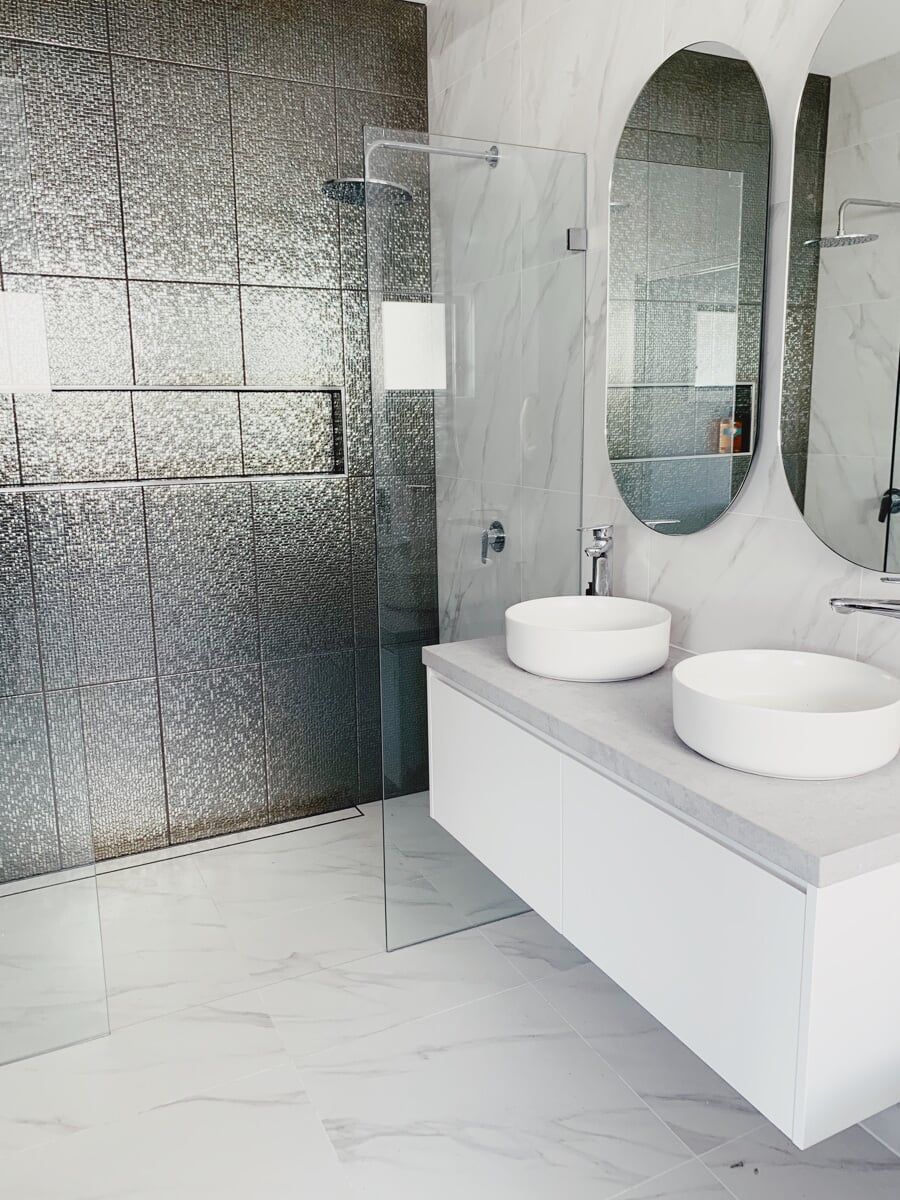 A Bathroom with two Sinks, a Mirror and a walk in Shower — Illawarra Bathrooms in Wollongong, NSW	