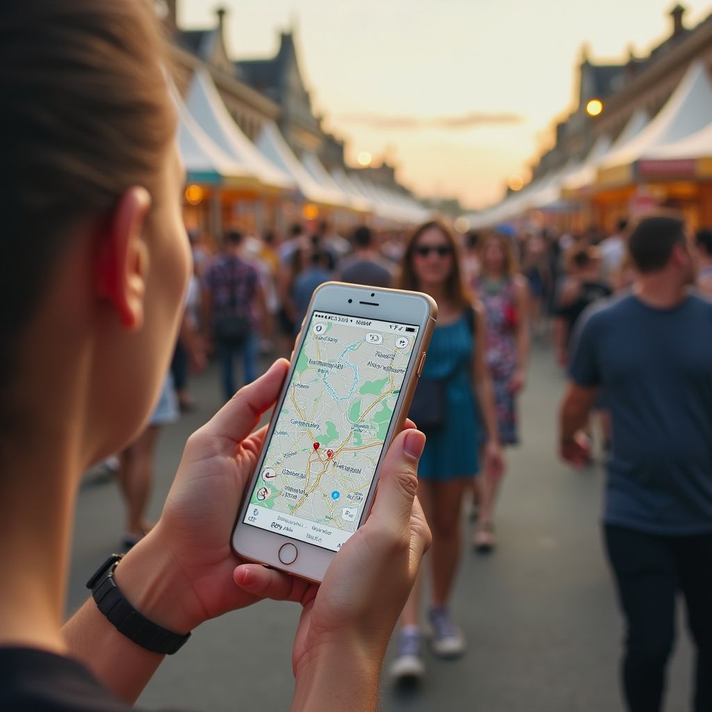 Een persoon met een smartphone waarop een kaartapp open staat, bevindt zich op een drukke openluchtmarkt.