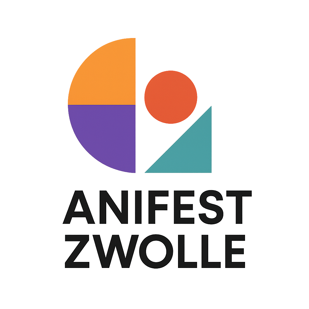 Logo voor Anifest Zwolle, een festival, met een kleurrijk abstract ontwerp en de festivalnaam eronder in zwarte letters.