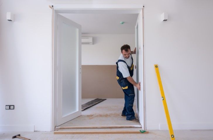 Man installs door frame in a room; holding a panel. Includes level and building materials.