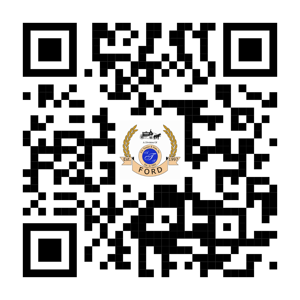 Black-and-white QR code with a small circular emblem in the center