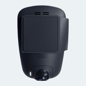 A black camera is sitting on a white surface.