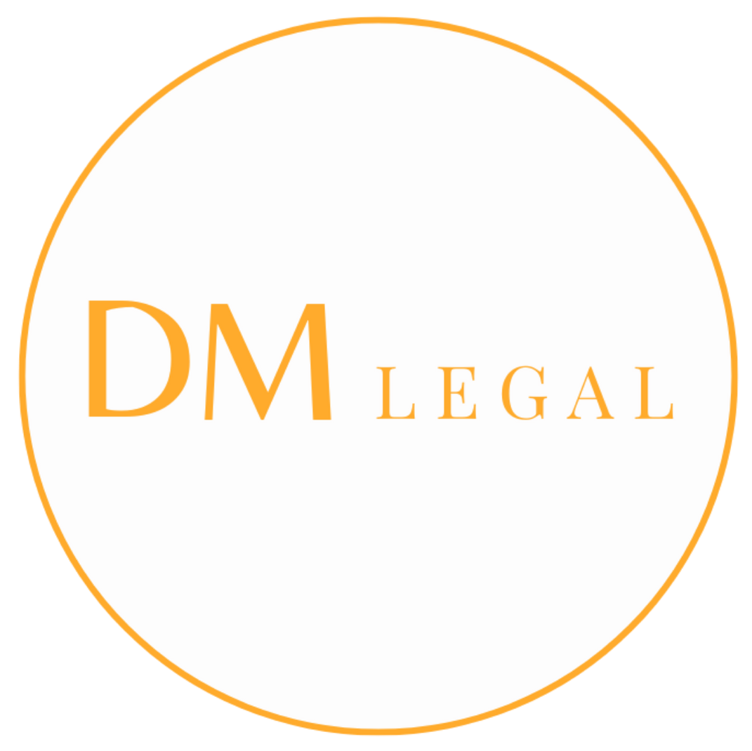DM Legal logo in orange, with stylized text inside a thin orange circle.
