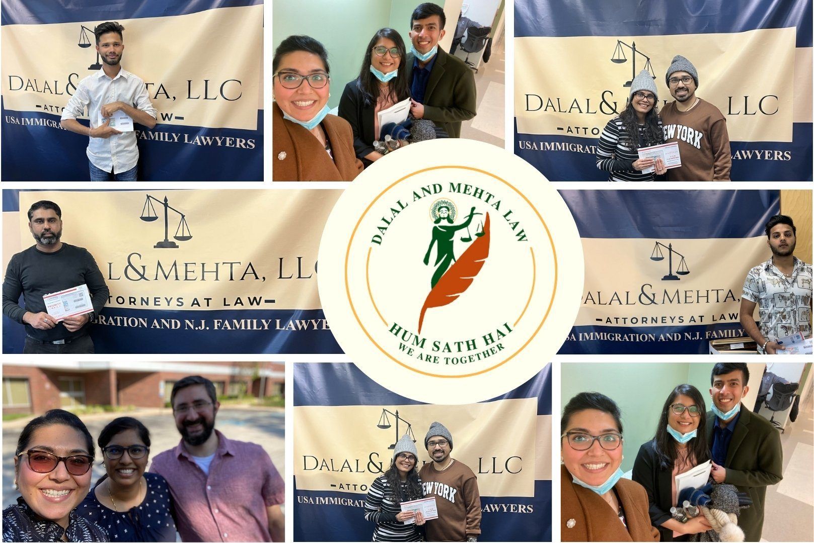 Collage of people holding a certificate and posing with a law firm banner and seal logo