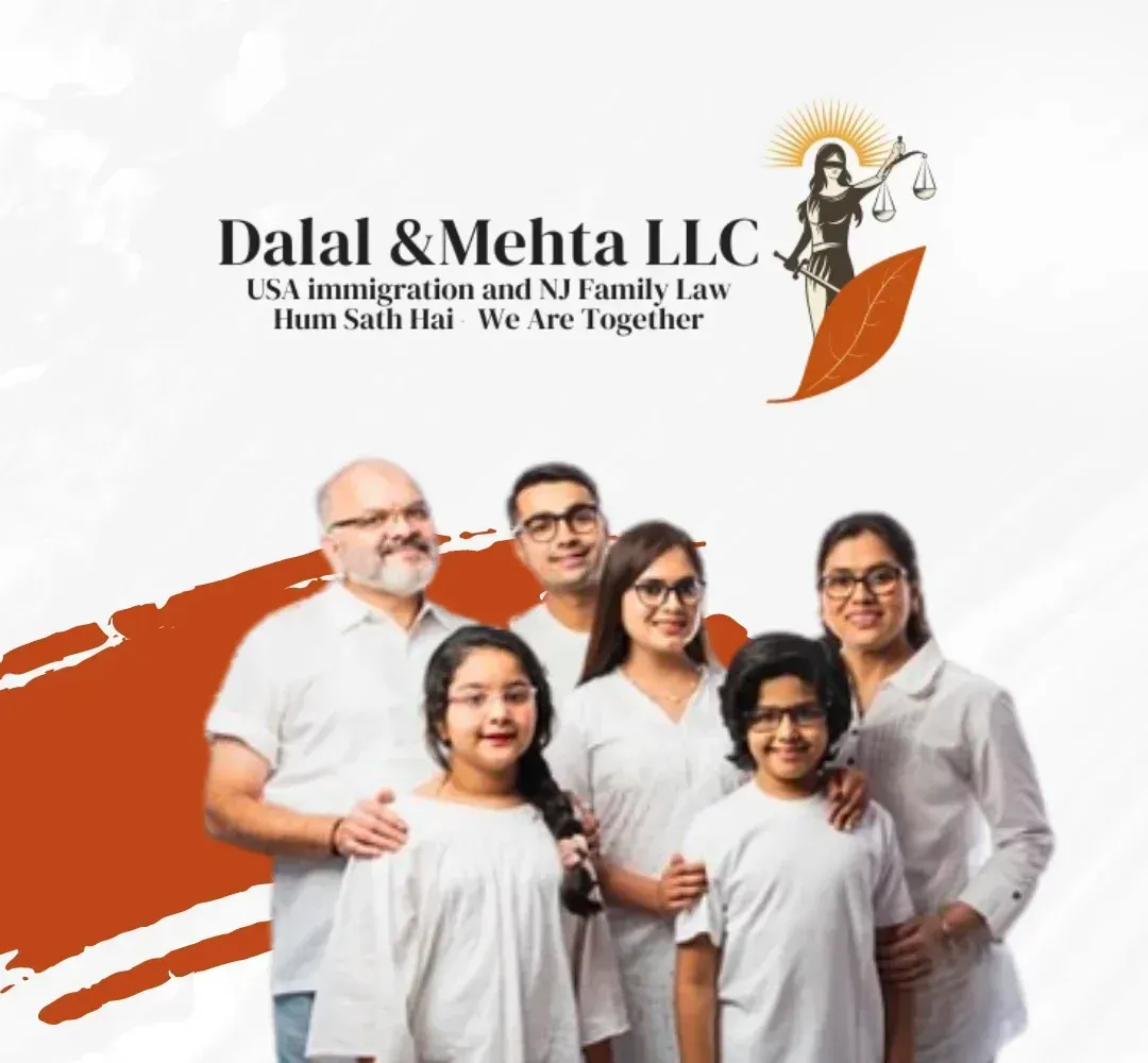 Dalal & Mehta LLC family law firm logo with a family portrait and orange brushstroke accents