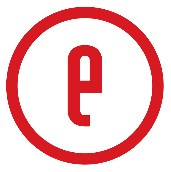 The letter e is in a red circle on a white background