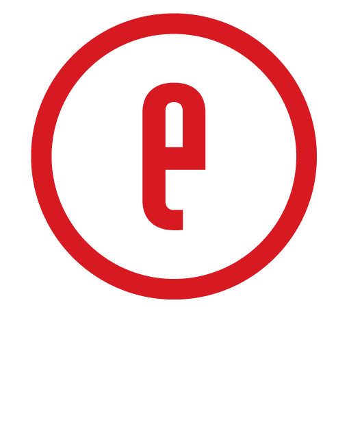 The letter e is in a red circle on a white background