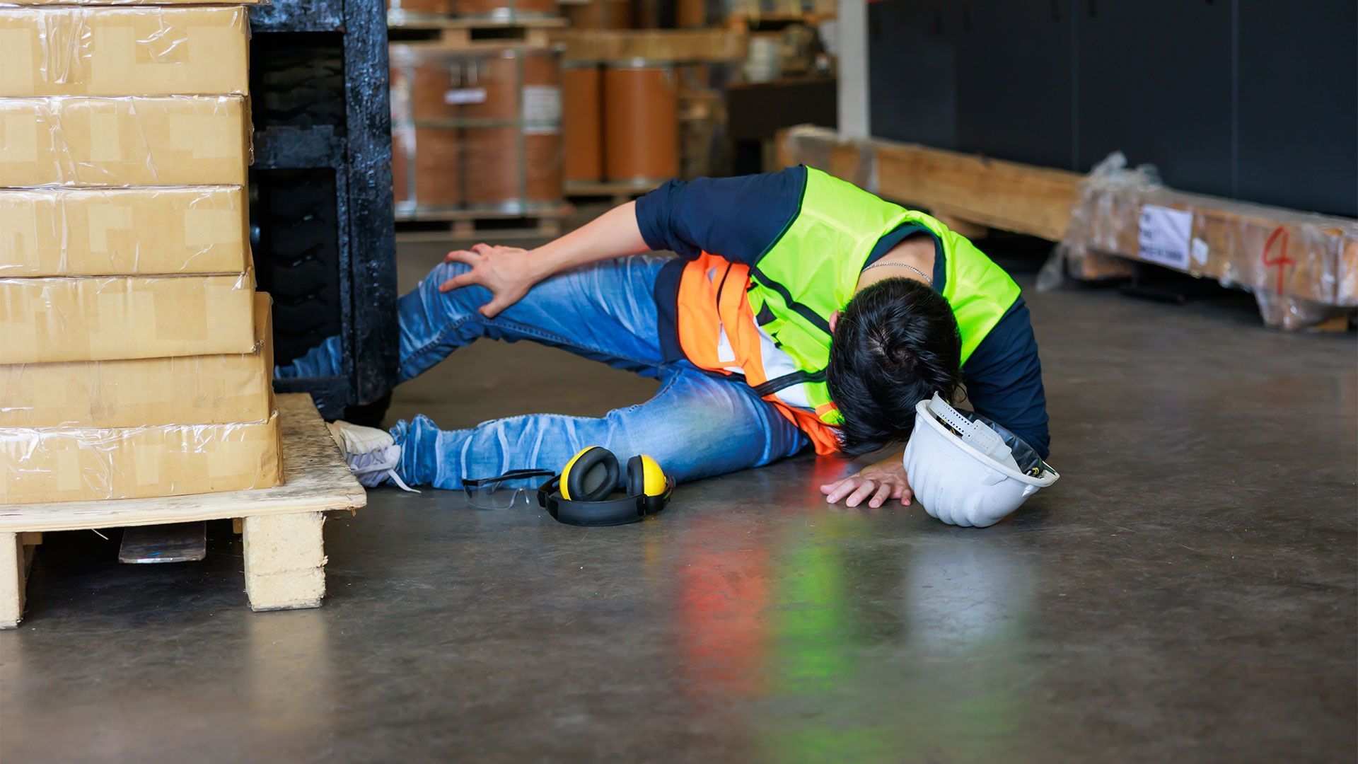 A man is laying on the floor in a warehouse after a fall.