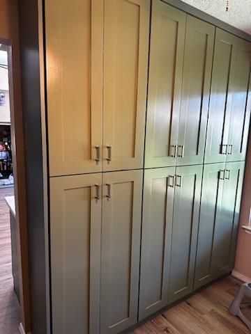 Built-in green cabinets with paneled doors in a hallway or kitchen nook