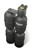 Black water softener system with multiple cylindrical tanks and connecting pipes.