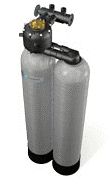 Water filtration system with two tall gray tanks and black valve.