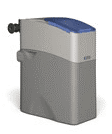 Water softener with a gray and blue exterior.