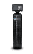 Black water softener unit with digital display on a white background.