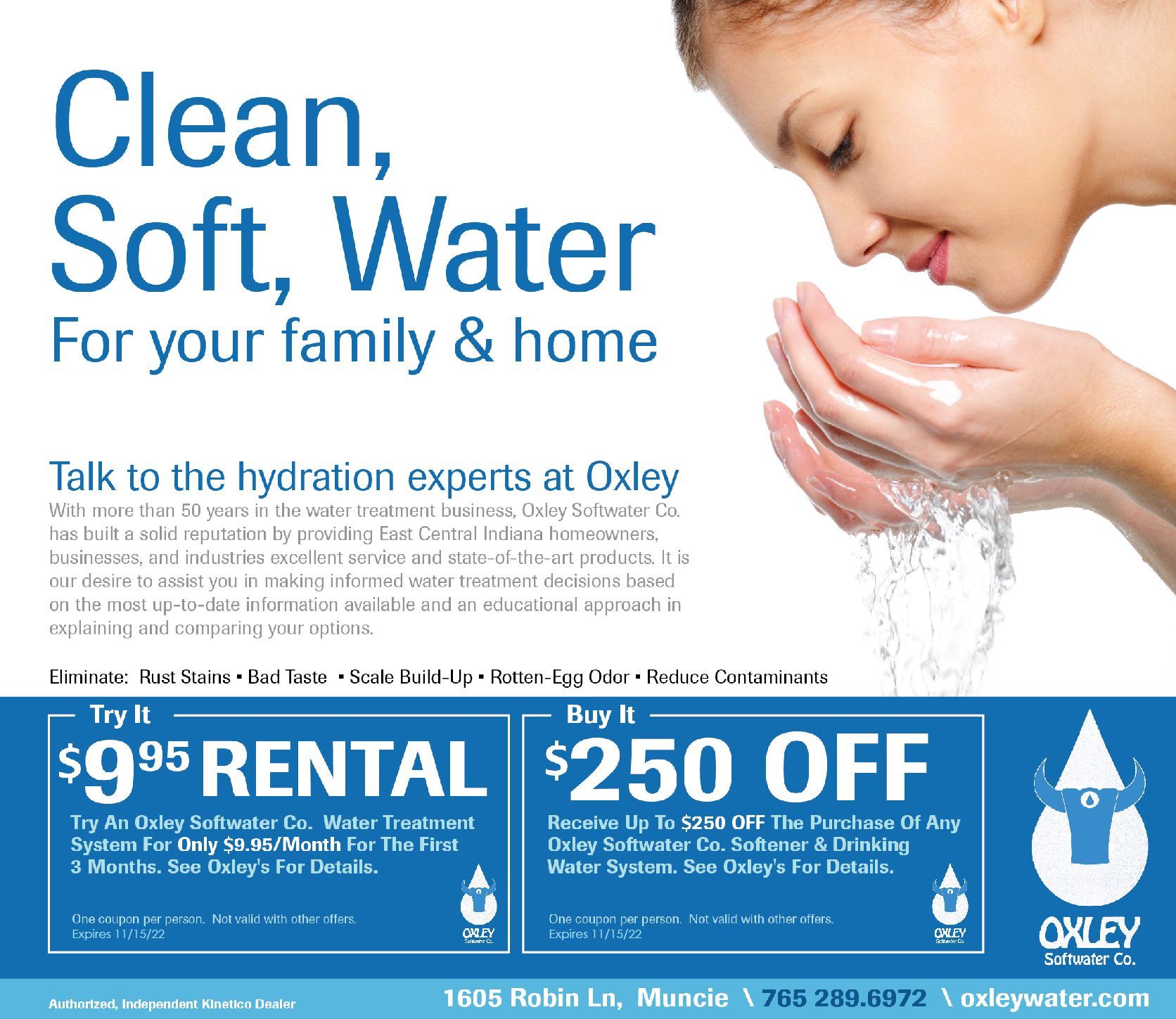 Advertisement for Oxley water treatment systems with a woman washing her face.