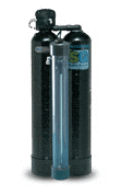 Water softener system with black tanks and a flow meter.