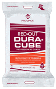 Red-Out Dura Cube — Muncie, IN — Oxley Softwater Co. Bag of Red-Out Dura-Cube iron fighter formula. White bag with red and orange text.