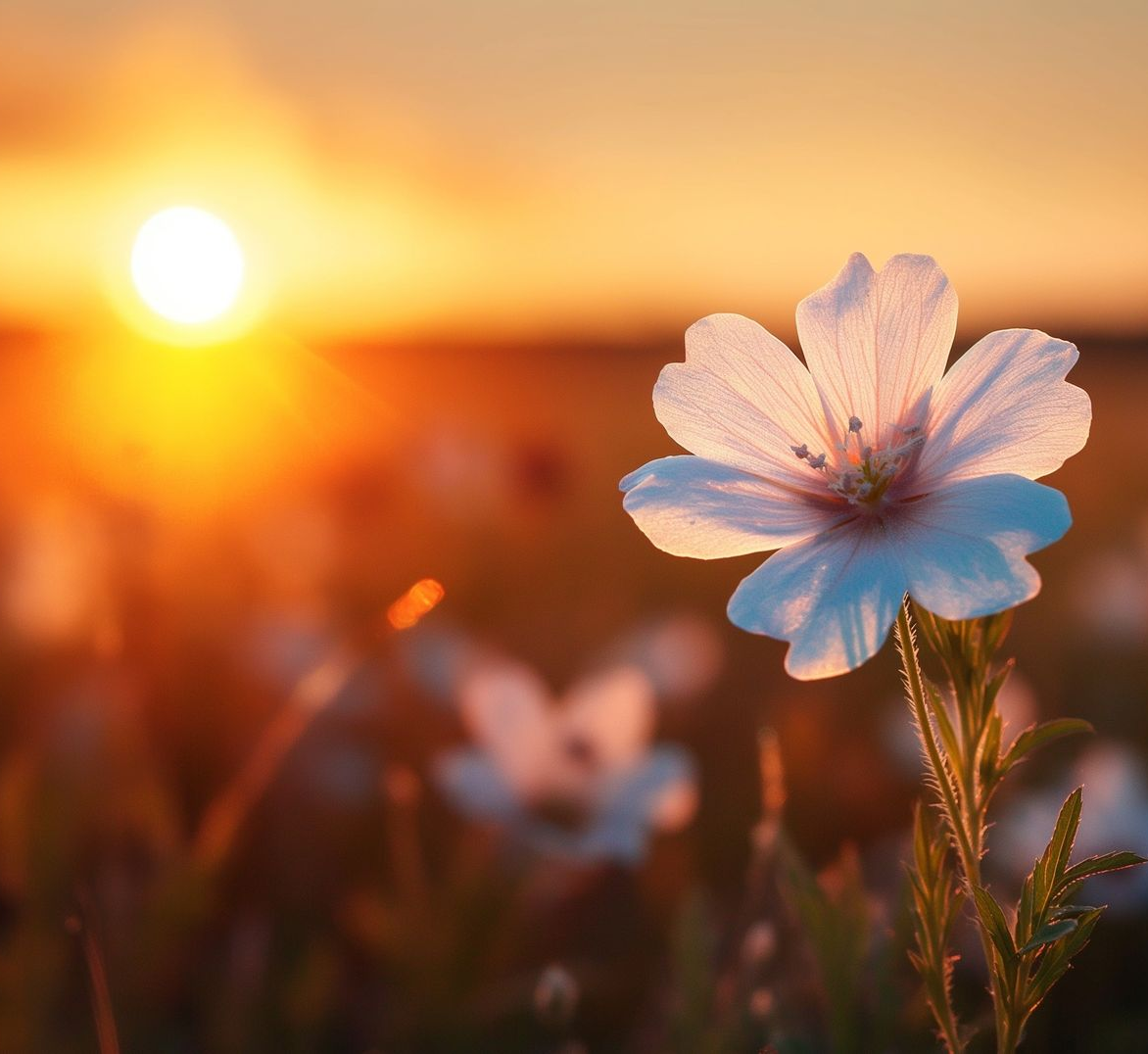 White wildflower in a field at sunset with warm orange light