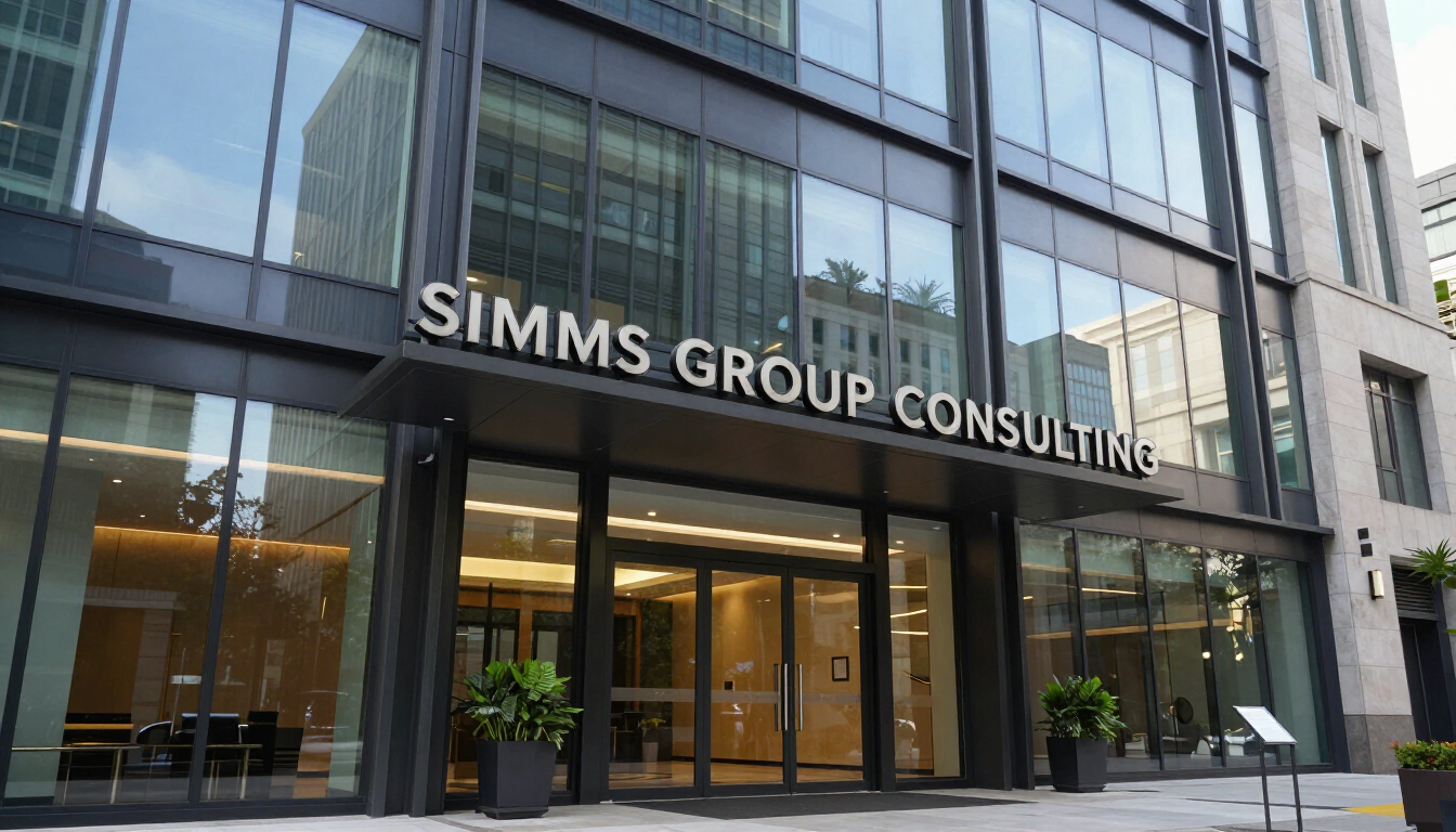 Modern glass office entrance with sign reading “SIMMS GROUP CONSULTING”