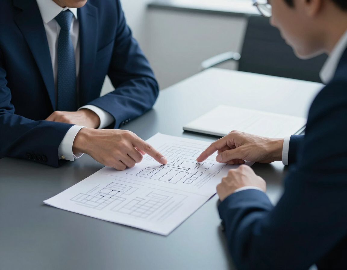 Consultant and client reviewing process diagrams on a conference table