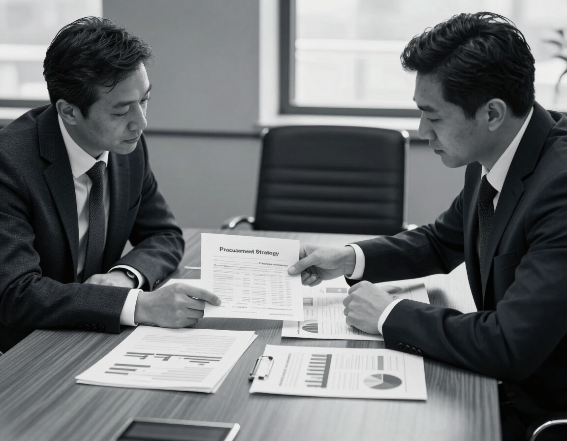 Senior consultant and client reviewing procurement strategy documents