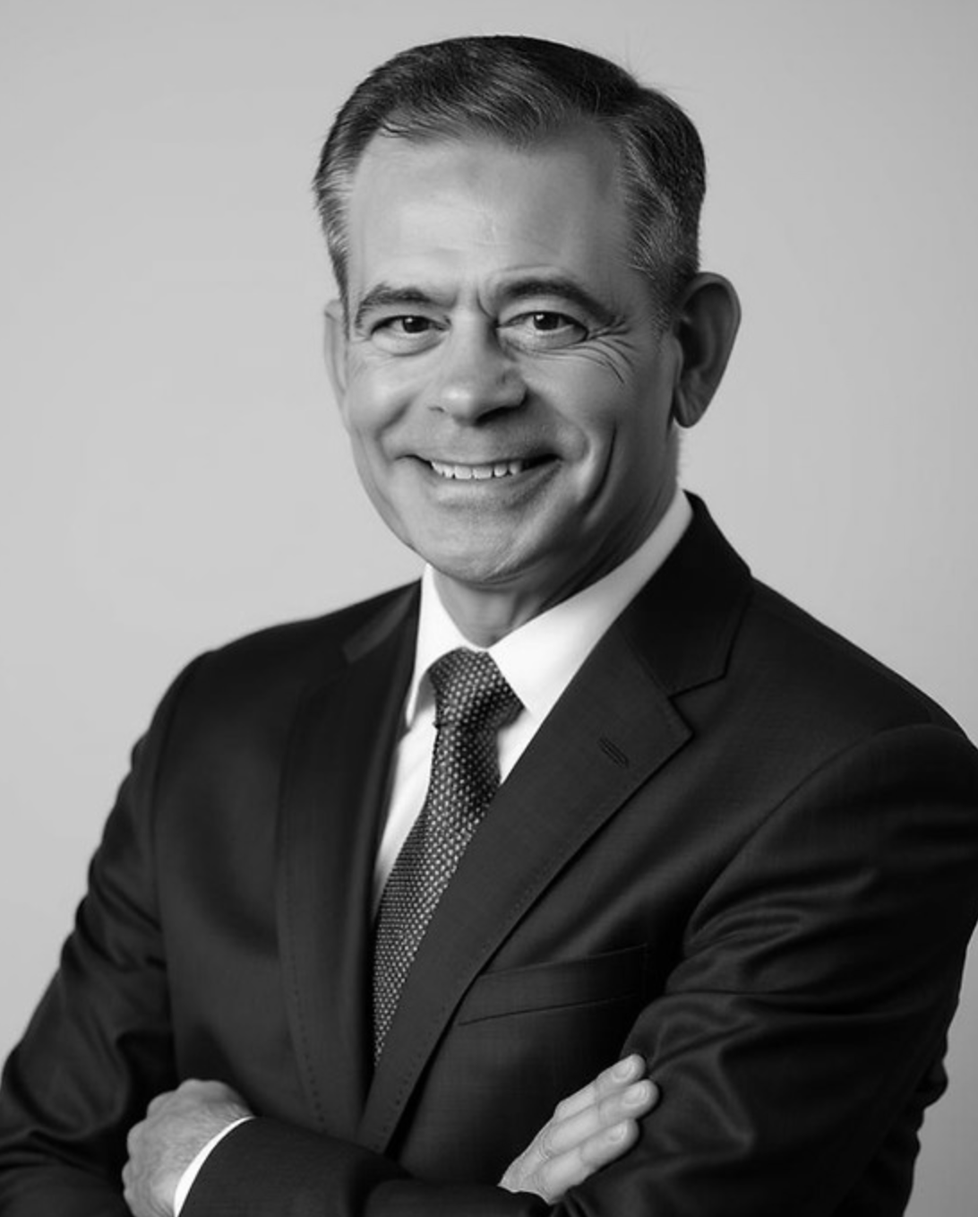 Studio portrait of a smiling man in a dark suit and tie, arms crossed against a gray background