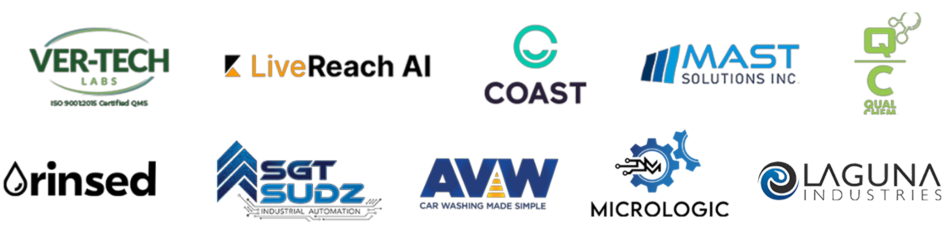 10 sponsor logos for Ver-Tech, LiveReach AI, Coast, Mast Solutions, QualChem, Rinsed, Sgt. Sudz, micrologic