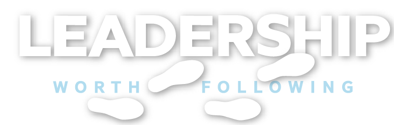 Full-color Leadership Worth Following logo surrounded by footprint icons.