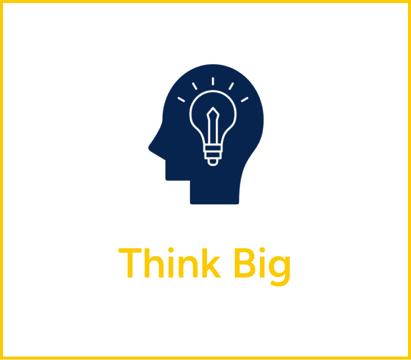 Blue head with lightbulb and yellow “Think Big” text on white background