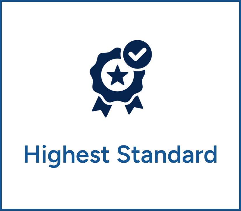 Blue award badge with checkmark above the words “Highest Standard”