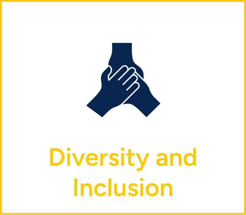 Hands holding a flask icon above the words “Diversity and Inclusion” in yellow text.
