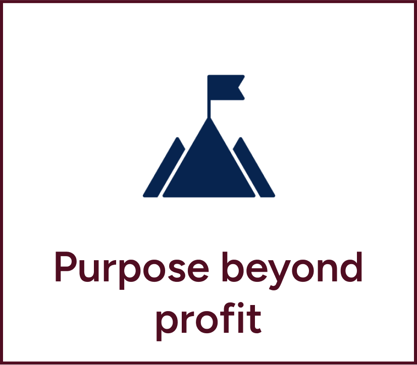 Stylized blue tent logo above the words “Purpose beyond profit” in maroon text
