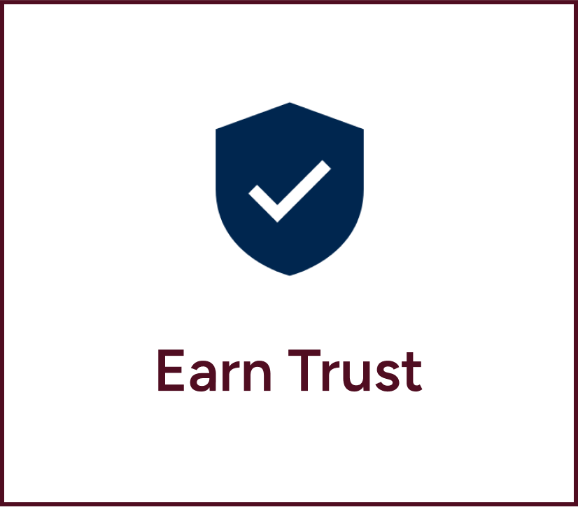 Blue shield with white checkmark above the words “Earn Trust”