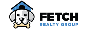 Logo of a white dog with black text
