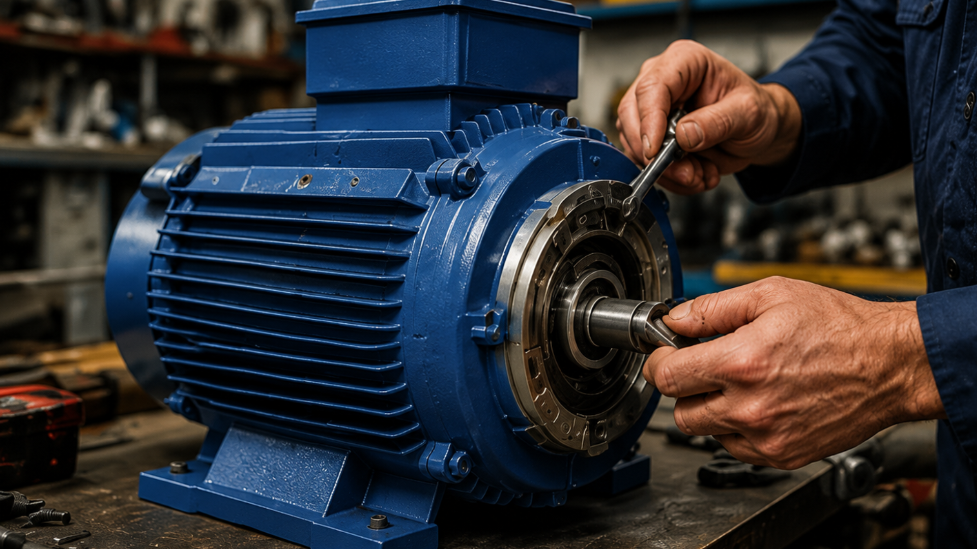 Blue industrial motor being repaired by hands in a workshop, with tools on a workbench.