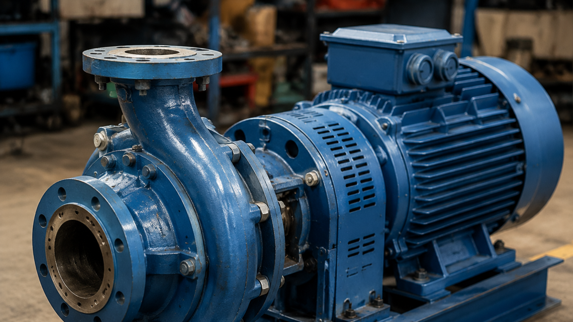 Blue industrial pump with electric motor on a workshop floor