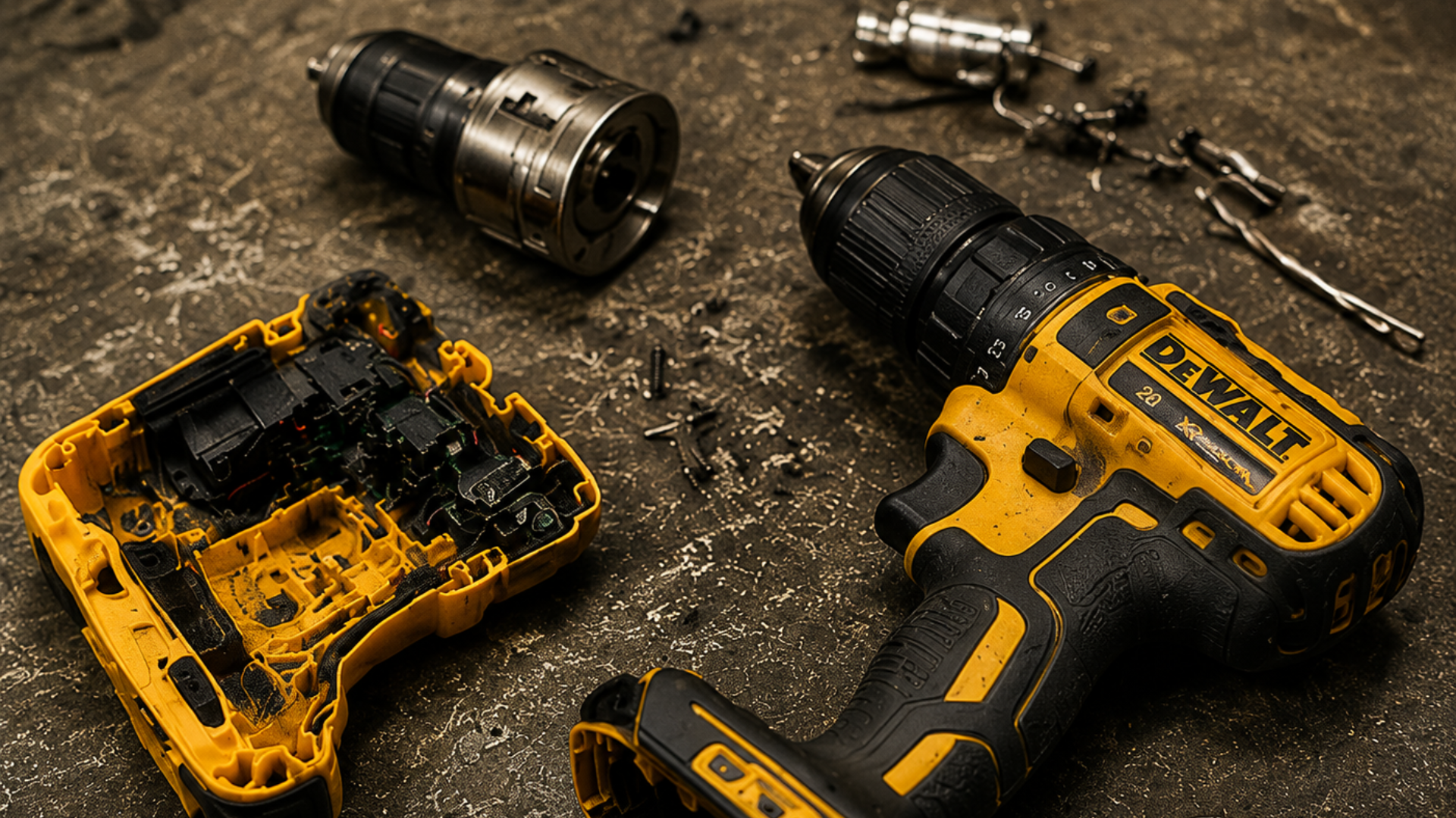 Yellow DeWalt cordless drill in parts on a dirty workbench, with battery and bits nearby