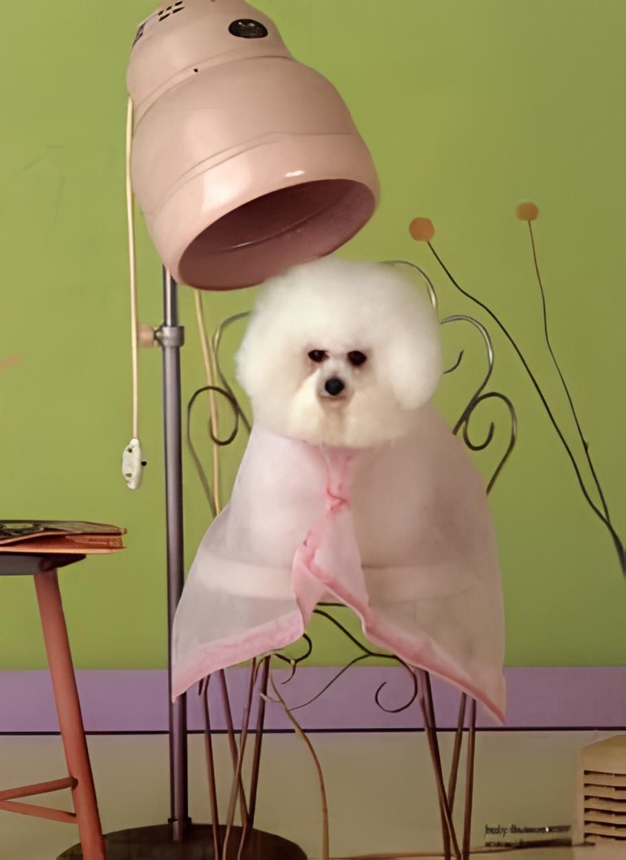 a small white dog is sitting under a hair dryer