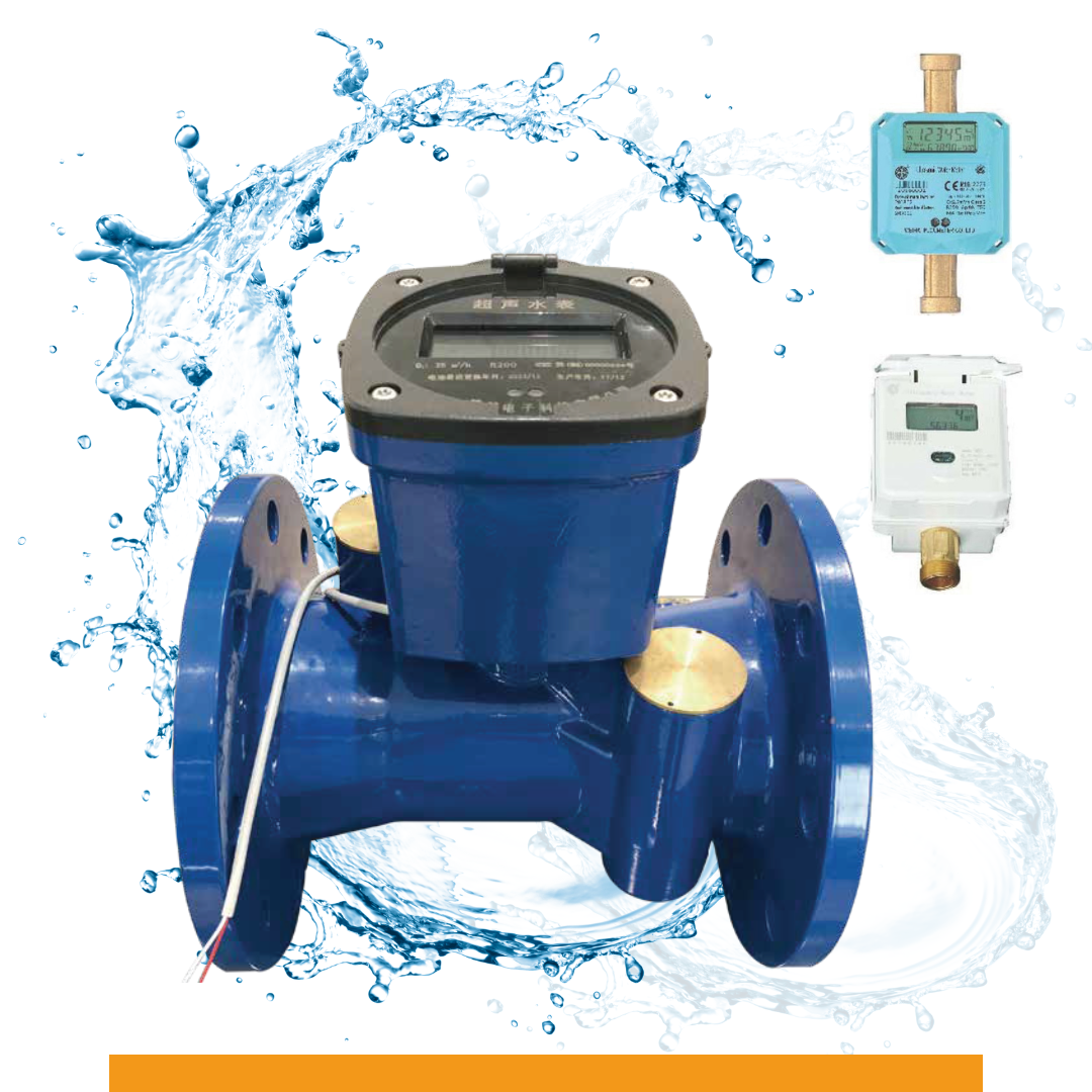 A blue water meter is surrounded by water splashes.
