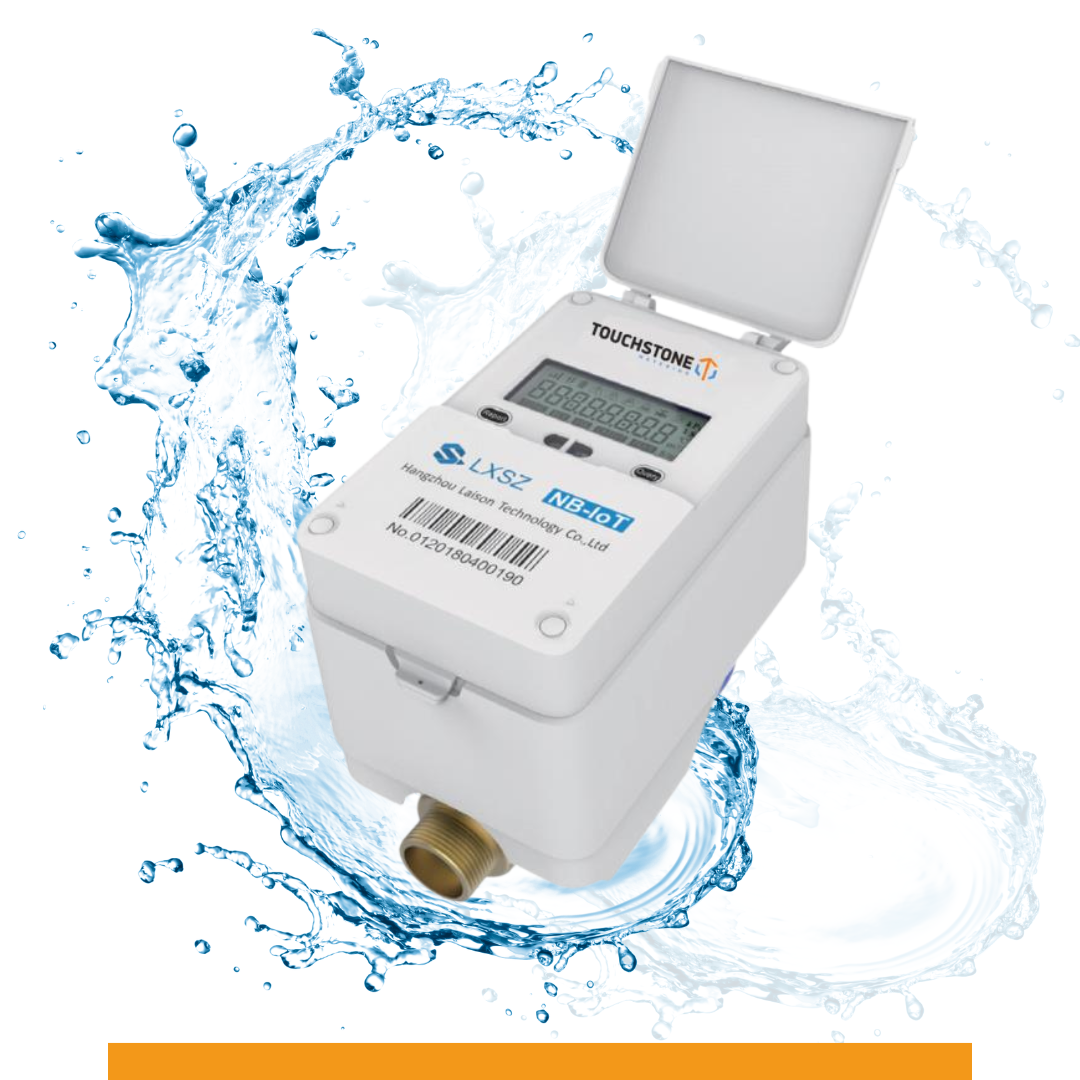 A water meter with the lid open and water splashing around it
