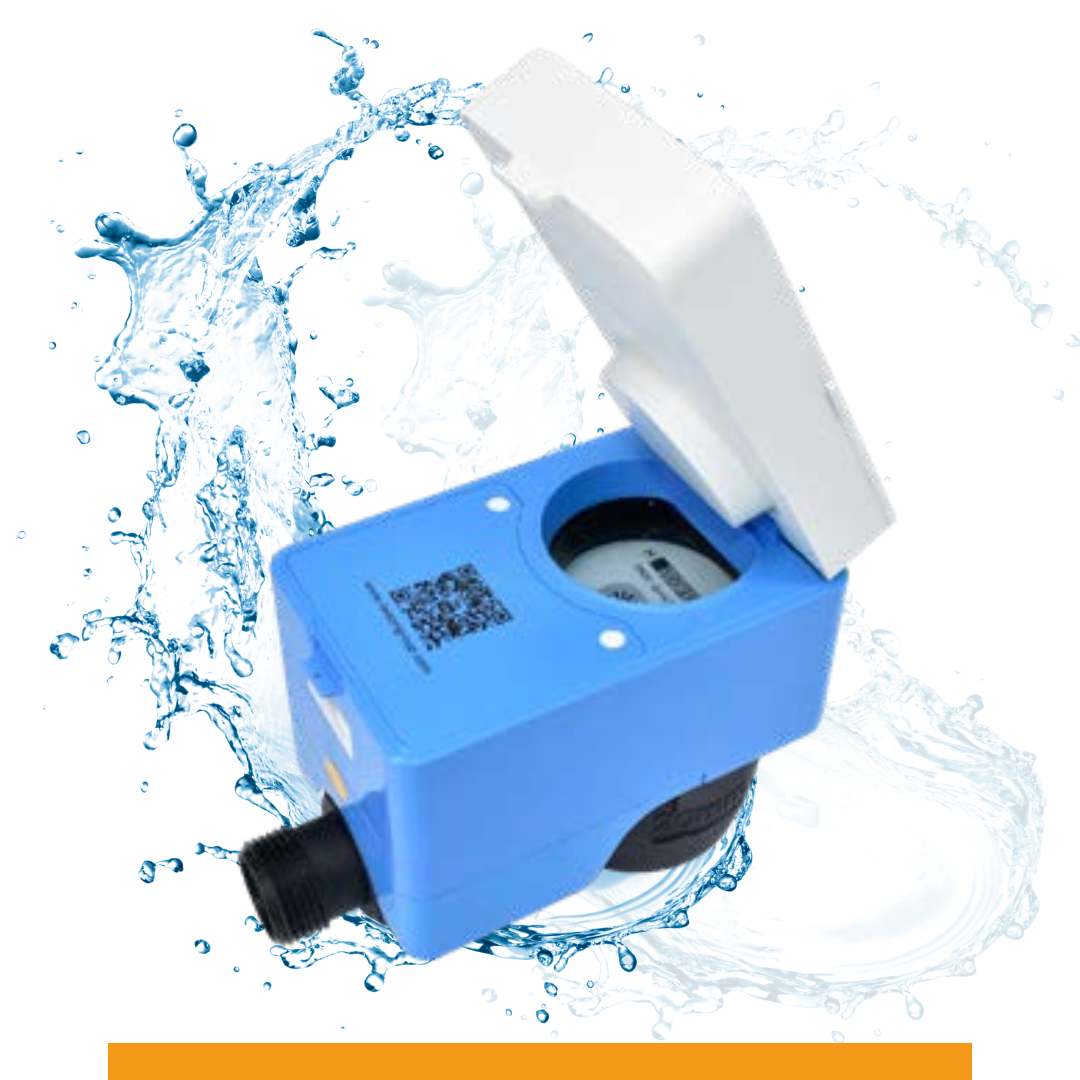 A water meter with the lid open and water splashing around it.